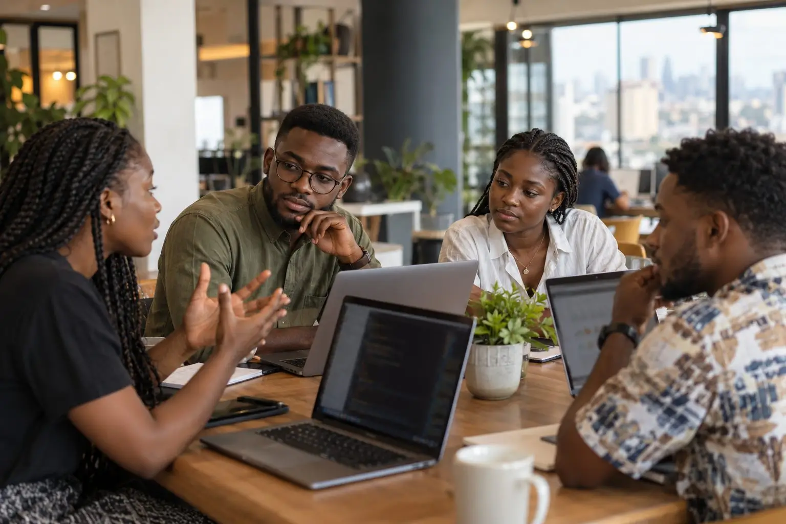 Four colleagues talking around a table with laptops