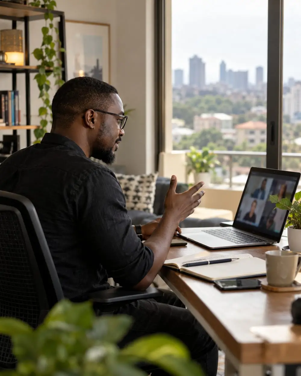An engineer on a video call at his desk