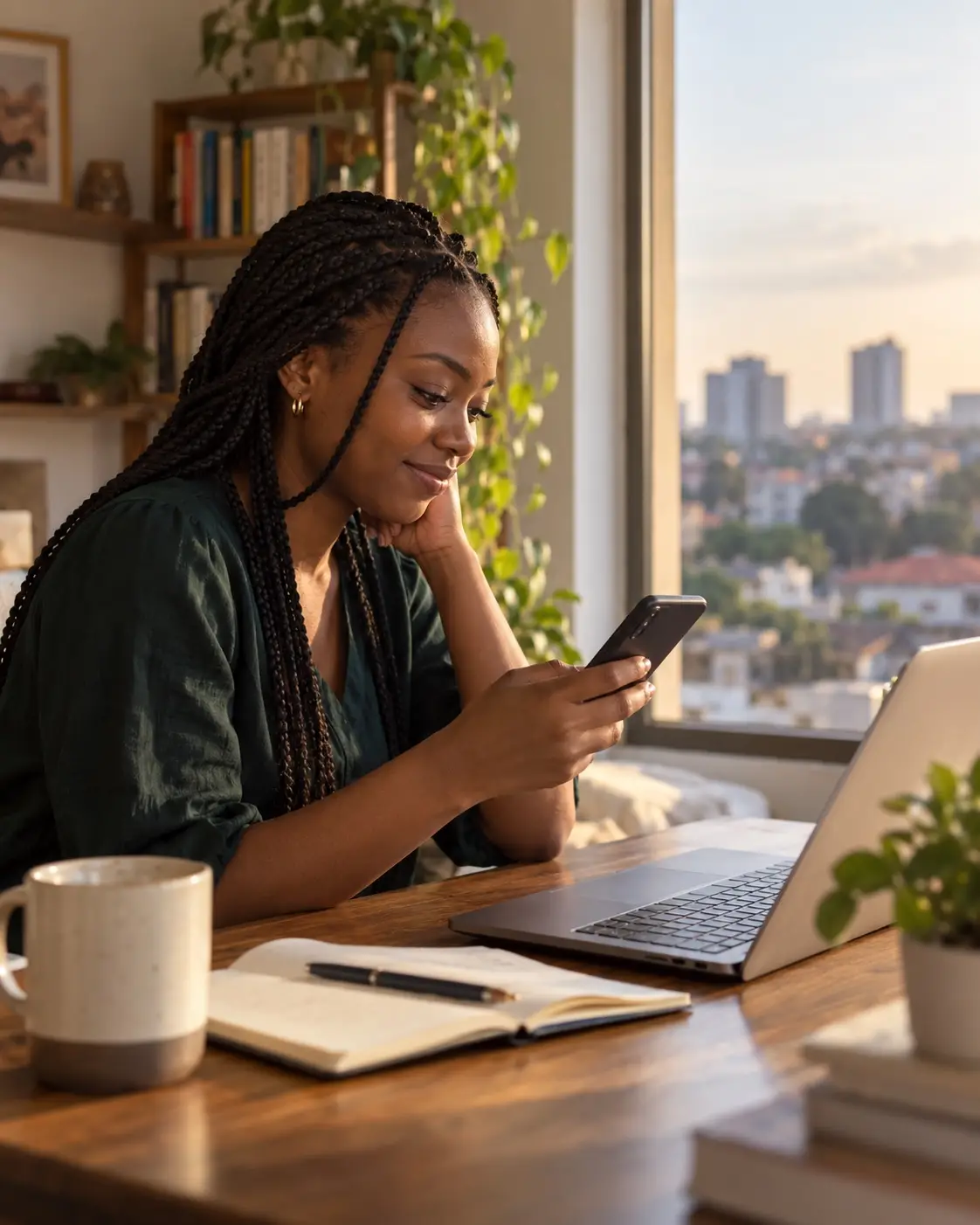 A woman smiling as she reads a message on her phone at her desk