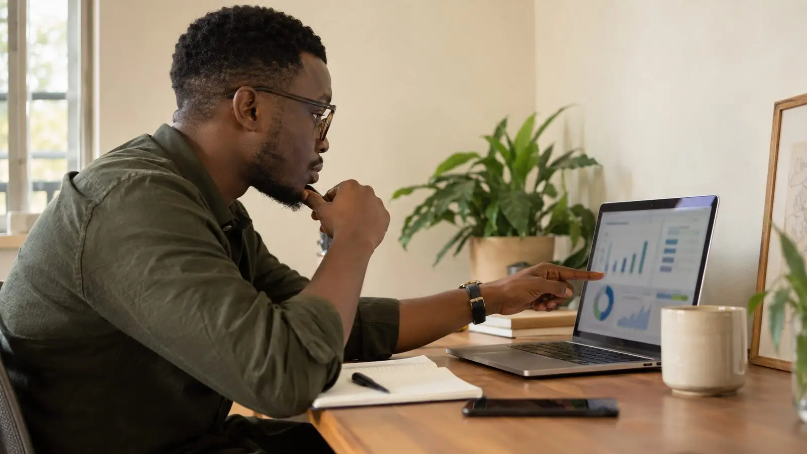 An analyst pointing at charts on a laptop