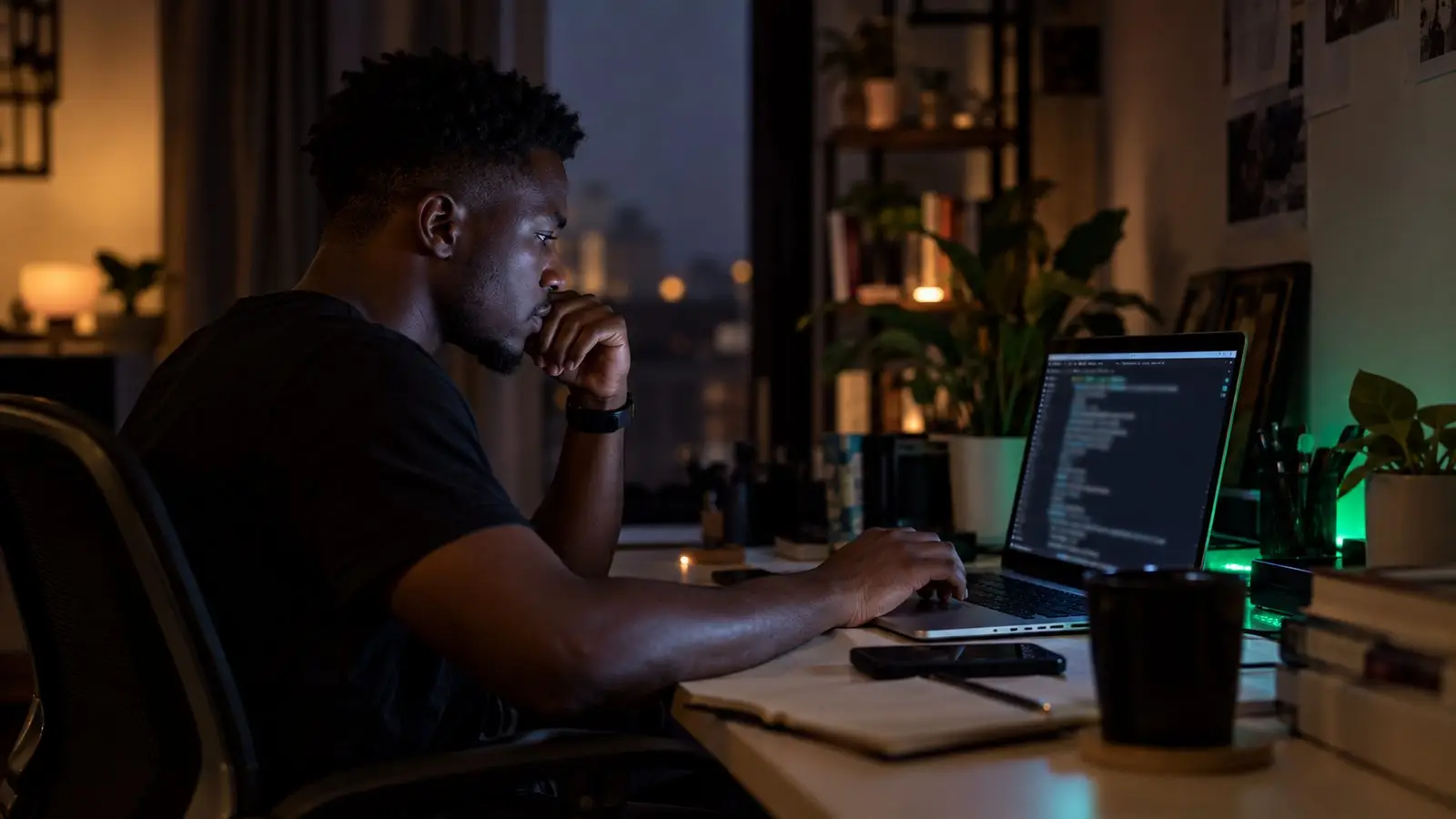 An engineer working at a terminal on a laptop at night