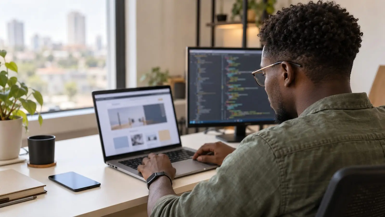 A developer building a web page on a laptop beside a screen of code
