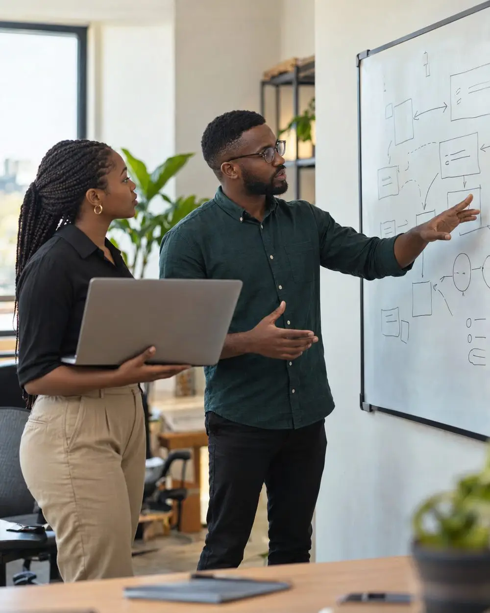 Two engineers discussing a system diagram on a whiteboard