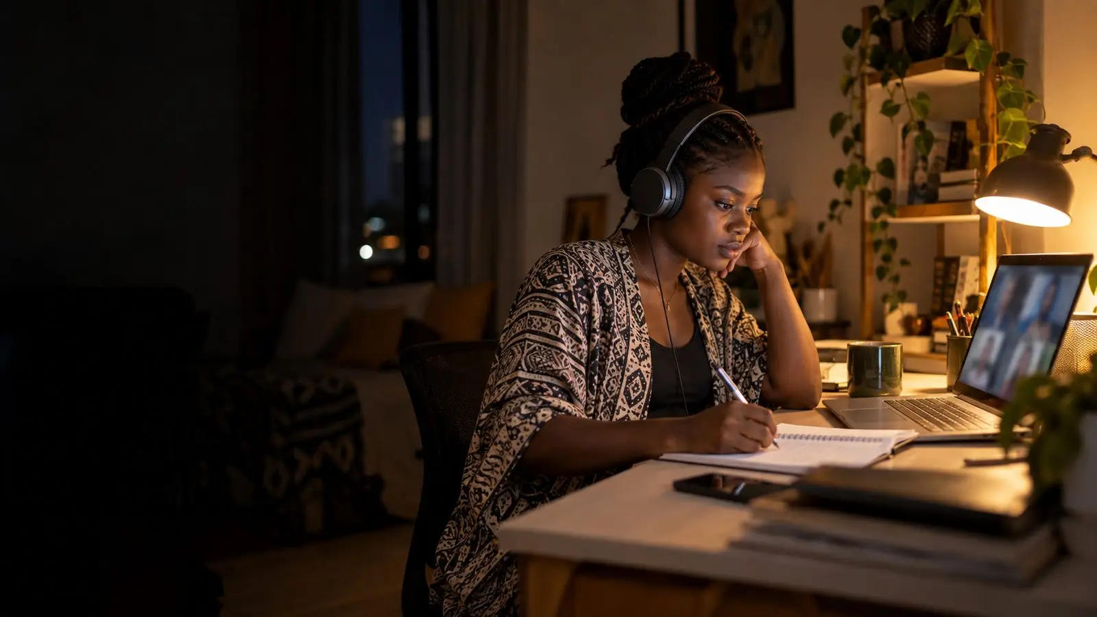 A woman wearing headphones takes notes during an online class at her desk in the evening