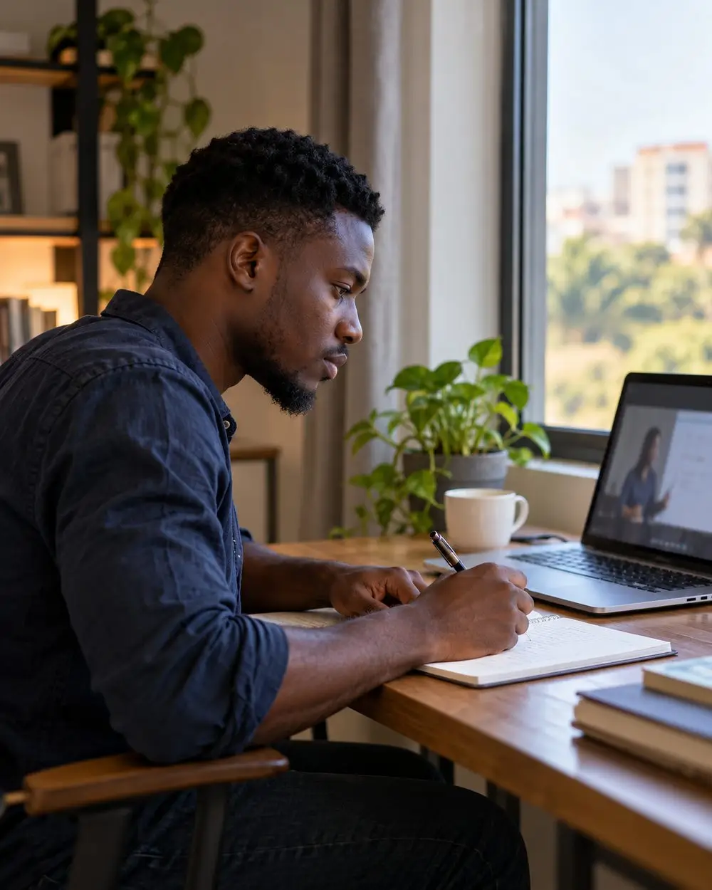 A man writing notes while watching a lesson on his laptop