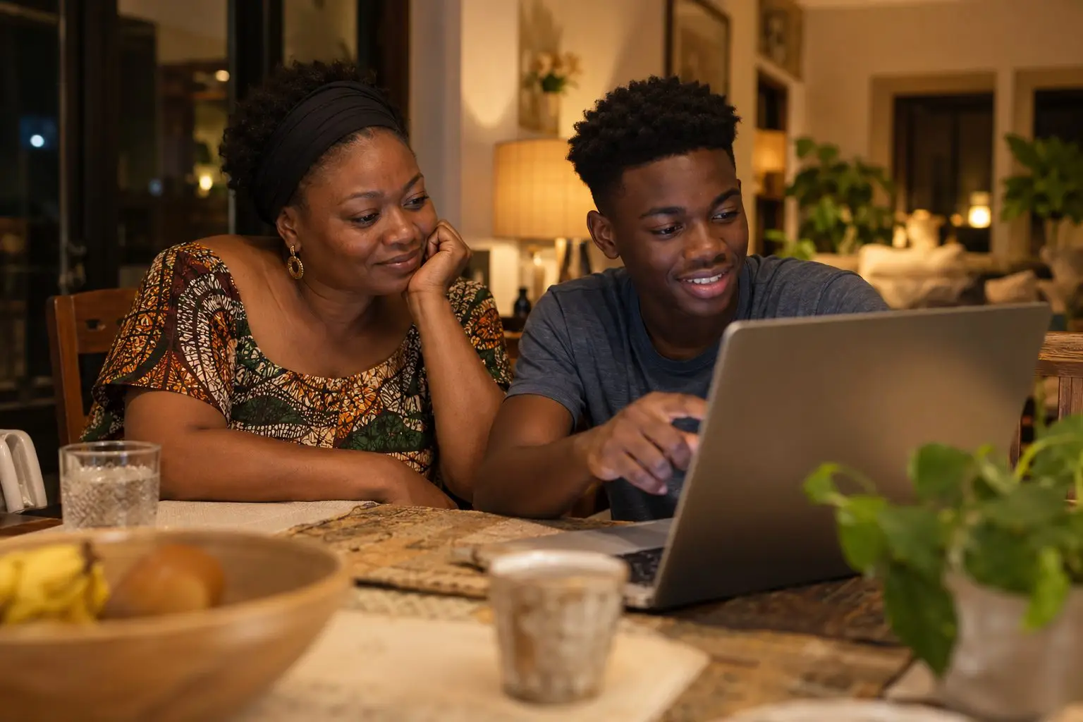 A mother watching her son show his work on a laptop