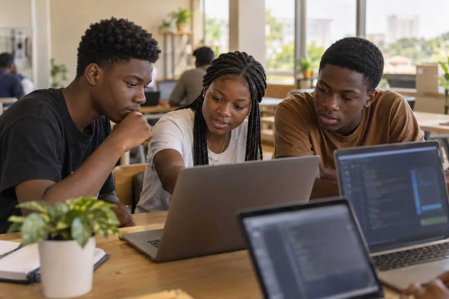 Three teenagers working together at a laptop
